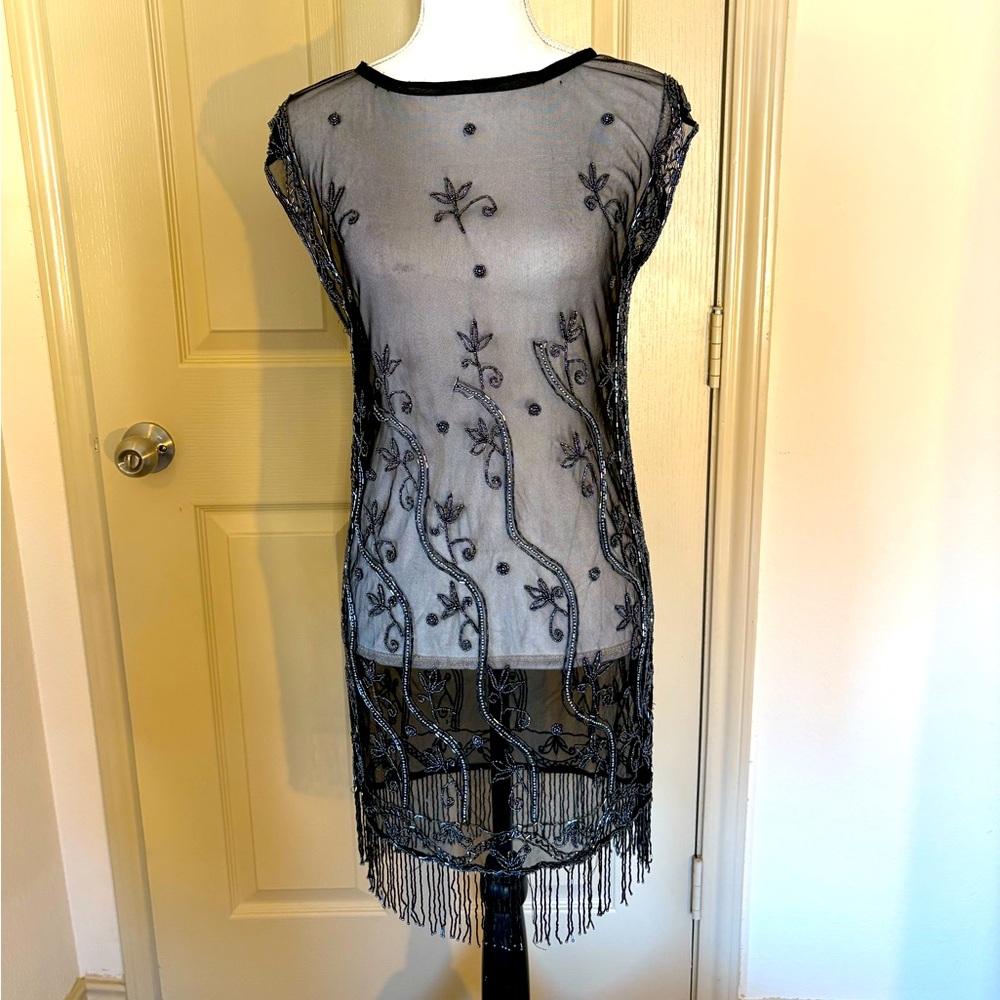 Black Sheer Embroidered Beaded Dress with Fringe size small
